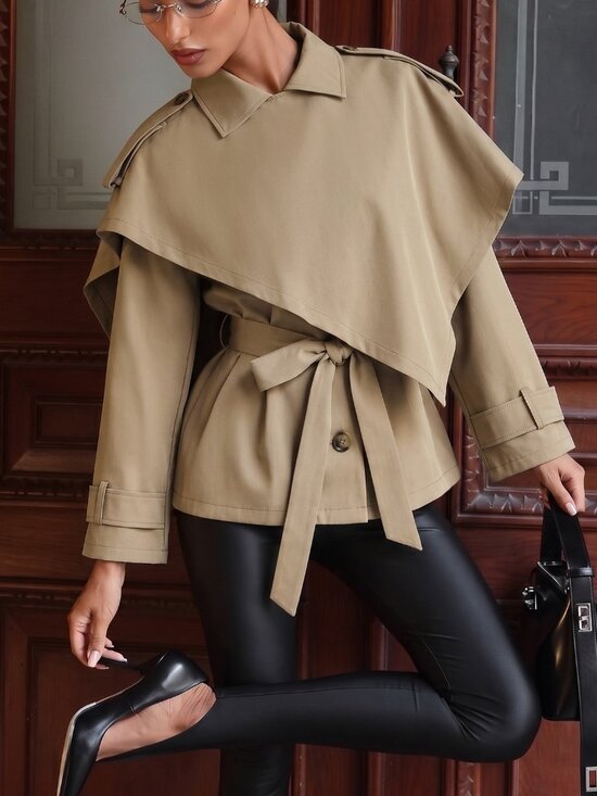 Jackets & Blazers - Khaki Elegant Women's Asymmetrical Batwing Long Trench Coat